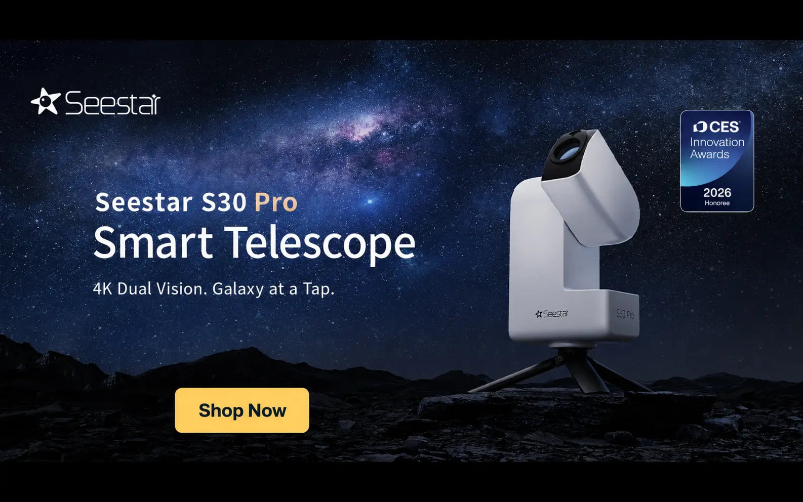Seestar S30 Pro Smart Telescope with a space-themed background and CES Innovation Award badge.