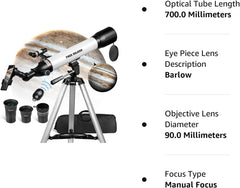 Telescope for Adults Astronomy 700 x 90 mm AZ Astronomical Professional Refractor Telescope for Kids Beginners with Advanced Eyepieces, Tripod, Wireless Remote, White